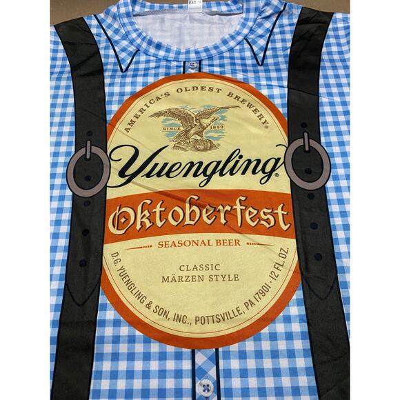 Yuengling Oktoberfest T-Shirt Size L Brown Plaid Suspender Graphic Beer - Picture 7 of 9